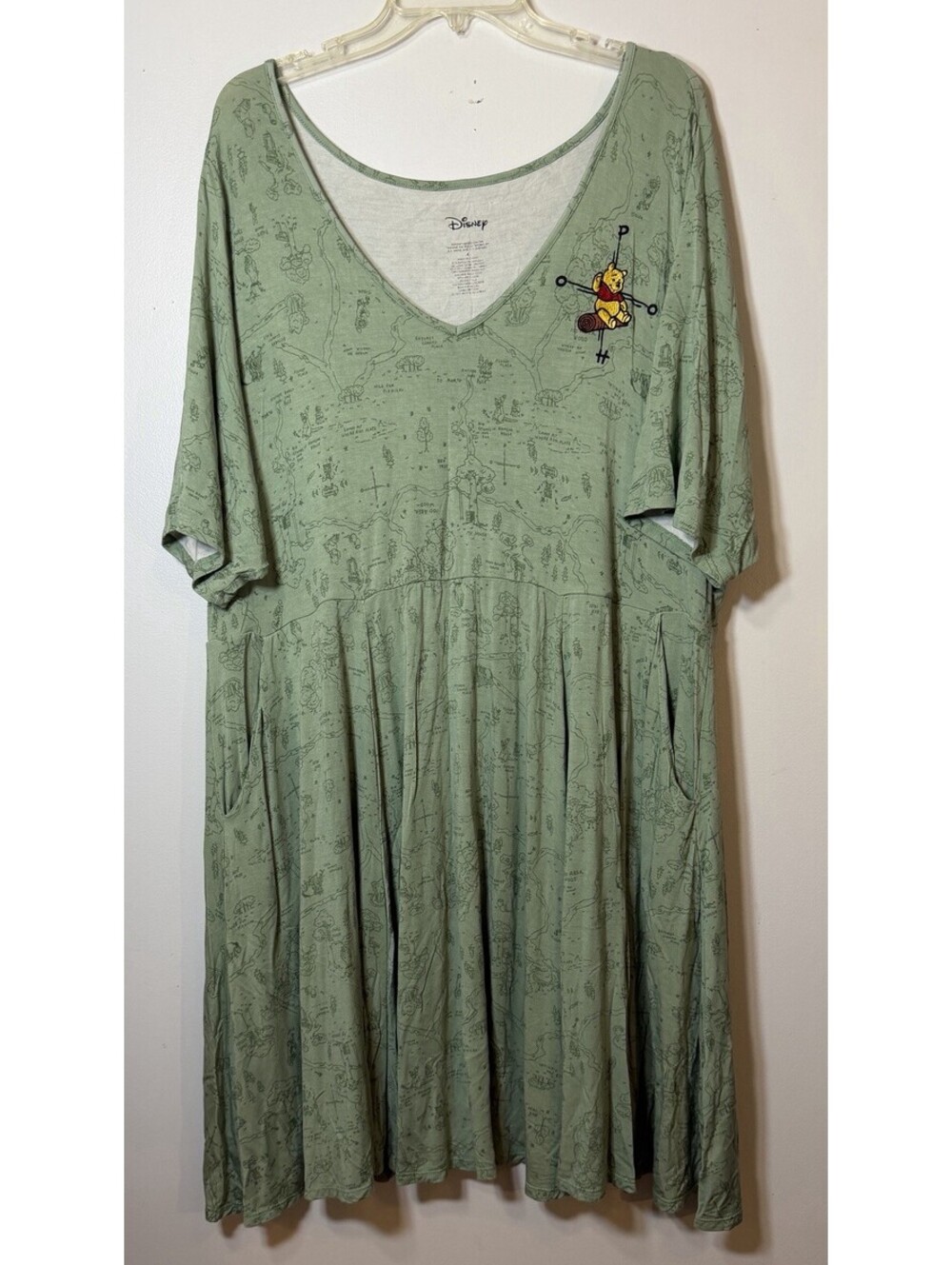 Disney Sage Green Winnie The Pooh 100 Acre Wood Map Flowy Smock Dress Pockets 4X